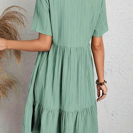 Casual V-Neck Solid Color Midi Dress with Ruffle Hem and Short Sleeves, Polyester Blend, Loose Fit