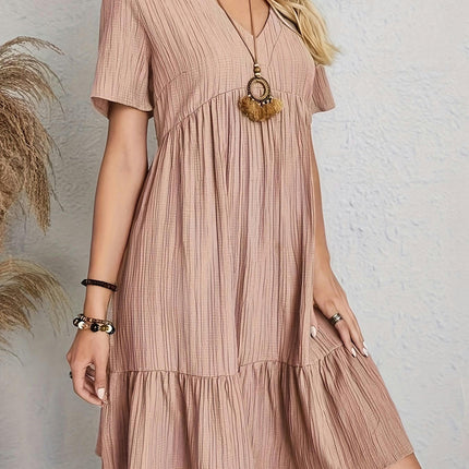 Casual V-Neck Solid Color Midi Dress with Ruffle Hem and Short Sleeves, Polyester Blend, Loose Fit