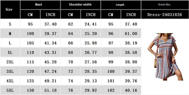 Striped V-neck Dress-Vacation Style Short Sleeve Loose Fit Dress For Beach Vacation, Women's Clothing