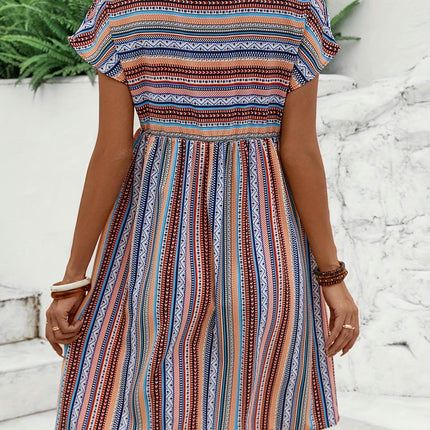 Striped V-neck Dress-Vacation Style Short Sleeve Loose Fit Dress For Beach Vacation, Women's Clothing