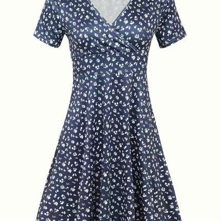 Charming Floral Print V Neck Dress-Short Sleeve A-line Dress for Summer Womens Clothing