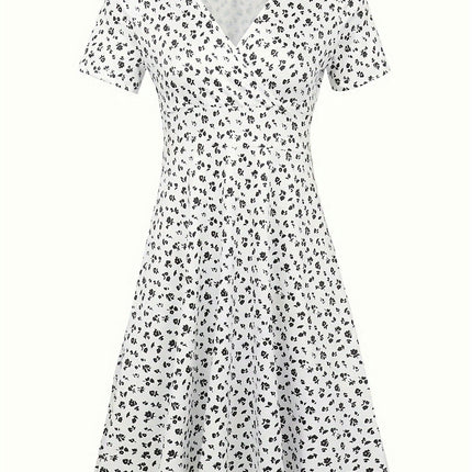 Charming Floral Print V Neck Dress-Short Sleeve A-line Dress for Summer Womens Clothing