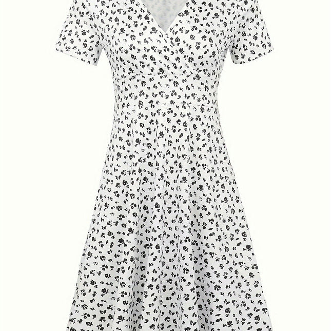 Charming Floral Print V Neck Dress-Short Sleeve A-line Dress for Summer Womens Clothing