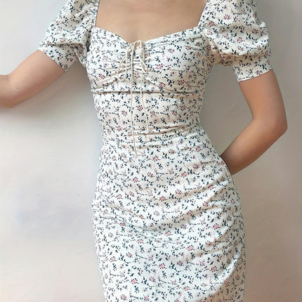 1pc Women'S Floral Print Bodycon Mini Dress - Sexy Square Neck Tunic with Short Puff Sleeves