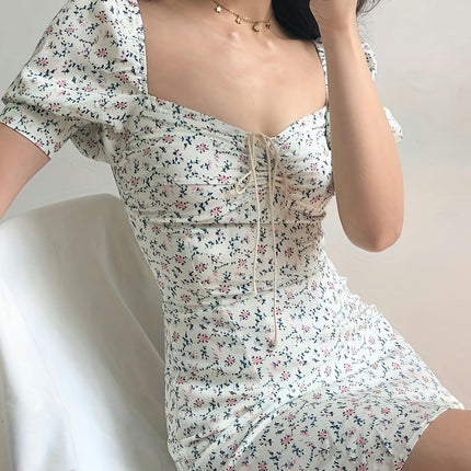 1pc Women'S Floral Print Bodycon Mini Dress - Sexy Square Neck Tunic with Short Puff Sleeves