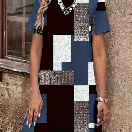 Geo Print ColorBlock Crew Neck Dress-Short Sleeve,Comfortable-Women's Clothing for Everyday Wear