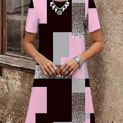 Geo Print ColorBlock Crew Neck Dress-Short Sleeve,Comfortable-Women's Clothing for Everyday Wear