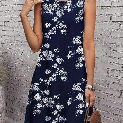 Floral Print Above Knee Tank Dress, Elegant Sleeveless Crew Neck Women's Clothing Dress