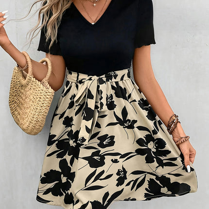 Floral Print Short Sleeve A-Line Dress-V Neck, Tied Waist Perfect for Outdoor and Daily Wear
