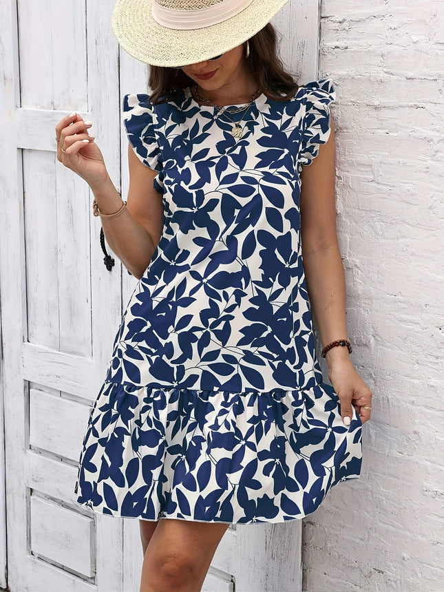 Women's Clothing Allover Print Ruffle Hem Dress, Vacation Keyhole Crew Neck Dress