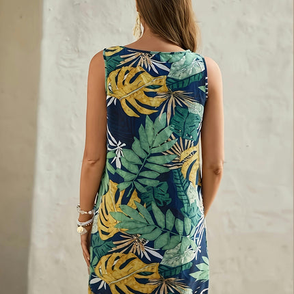 Vibrant Tropical Leaf Print Round Neck Sleeveless Tank Dress- Soft, Breathable, Relaxed Fit