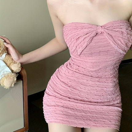 1pc Bodycon Mini Dress for Women with Bandeau Collar, Sleeveless Solid Color Summer Outfit,
