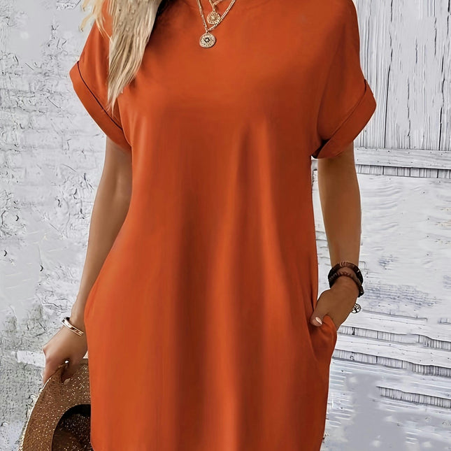 Solid Color Crew Neck Dress - Women's Casual Short Sleeve Loose Fit Dresses for Spring & Summer