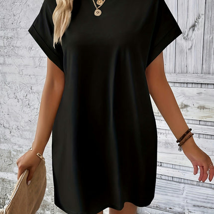 Solid Color Crew Neck Dress - Women's Casual Short Sleeve Loose Fit Dresses for Spring & Summer