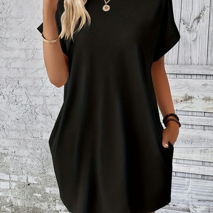 Solid Color Crew Neck Dress - Women's Casual Short Sleeve Loose Fit Dresses for Spring & Summer