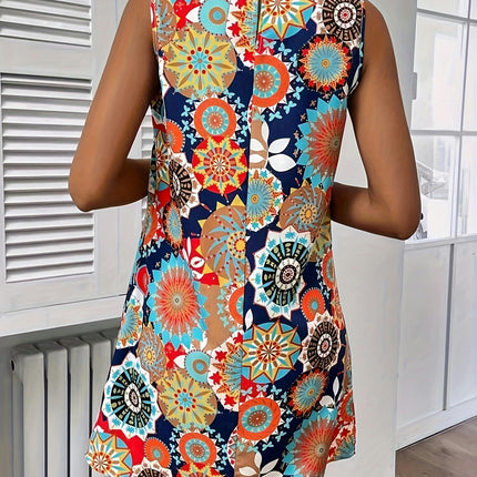 Ethnic Floral Print Crew Neck Tank Dress, Elegant Sleeveless Dress For Vacation, Women's Clothing