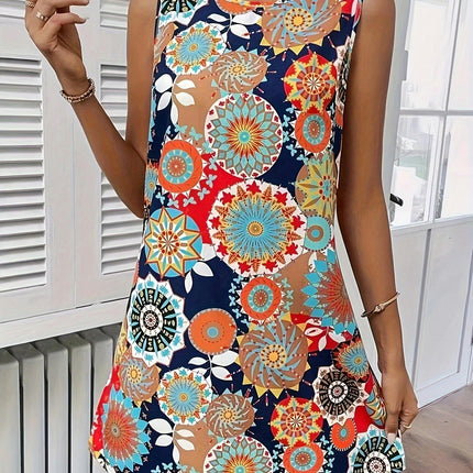Ethnic Floral Print Crew Neck Tank Dress, Elegant Sleeveless Dress For Vacation, Women's Clothing