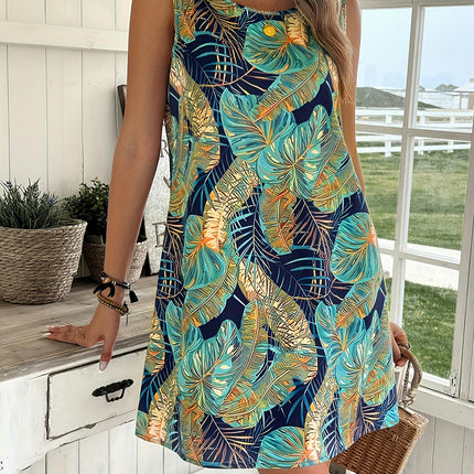 Tropical Print Loose Fit Crew Neck Tank Dress - Women's Sleeveless Vacation Dresses for Spring & Summer
