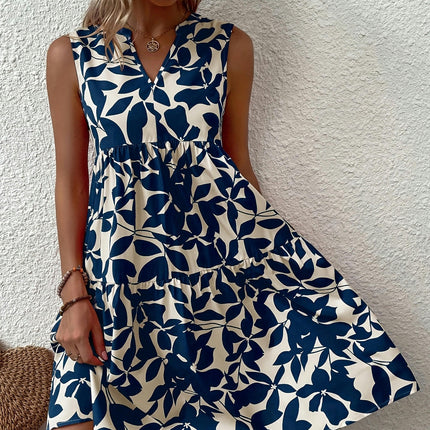 Elegant Blue Floral V-Neck Dress for Women - Sleeveless, A-Line, Non-Stretch Dress for Summer