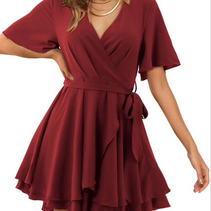 1 PC Polyester Women's Summer Wrap Dress Short Sleeve Casual V Neck Ruffle Mini Dresses