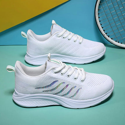 Women's White Striped Mesh Running Shoes, Breathable Lace Up Knitted Casual Sports Sneakers