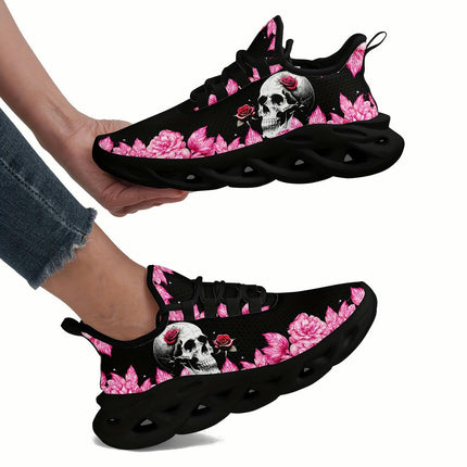 Skull & Rose Pattern Shock Absorption Sneakers,Lightweight Breathable Sport Shoes,Halloween Footwear
