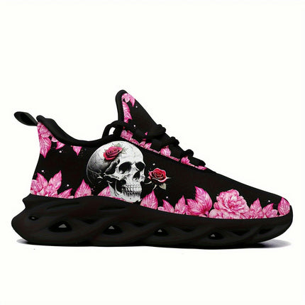 Skull & Rose Pattern Shock Absorption Sneakers,Lightweight Breathable Sport Shoes,Halloween Footwear