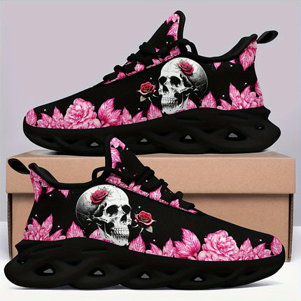 Skull & Rose Pattern Shock Absorption Sneakers,Lightweight Breathable Sport Shoes,Halloween Footwear