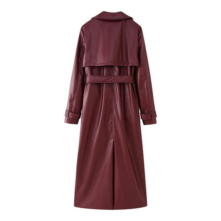 Women's Trench Coat Faux Leather Long Classic Motorcycle Jacket Lapel Belted Overcoat