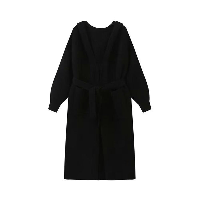 Women's Fall Long Sleeve Open Front Cardigan Sweaters Hooded Sweaters Coat with Belt