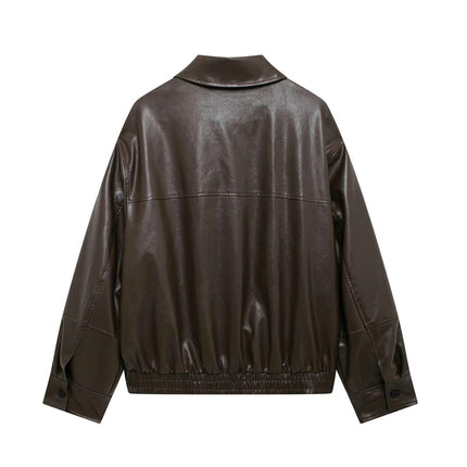 Womens Faux Leather Jackets Casual Zip Up Bomber Motorcycle Jacket with Pockets