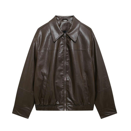 Womens Faux Leather Jackets Casual Zip Up Bomber Motorcycle Jacket with Pockets
