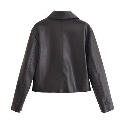 Women Faux Leather Cropped Jacket Button Down Fashion PU Coat Jacket