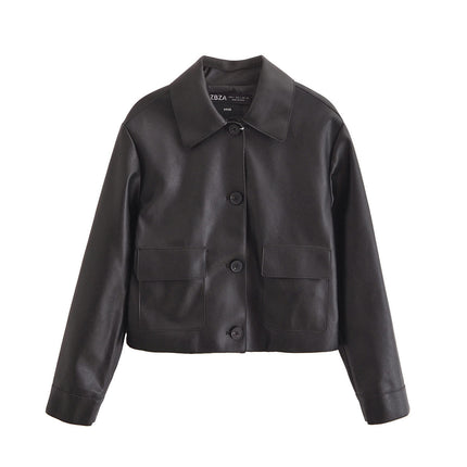Women Faux Leather Cropped Jacket Button Down Fashion PU Coat Jacket