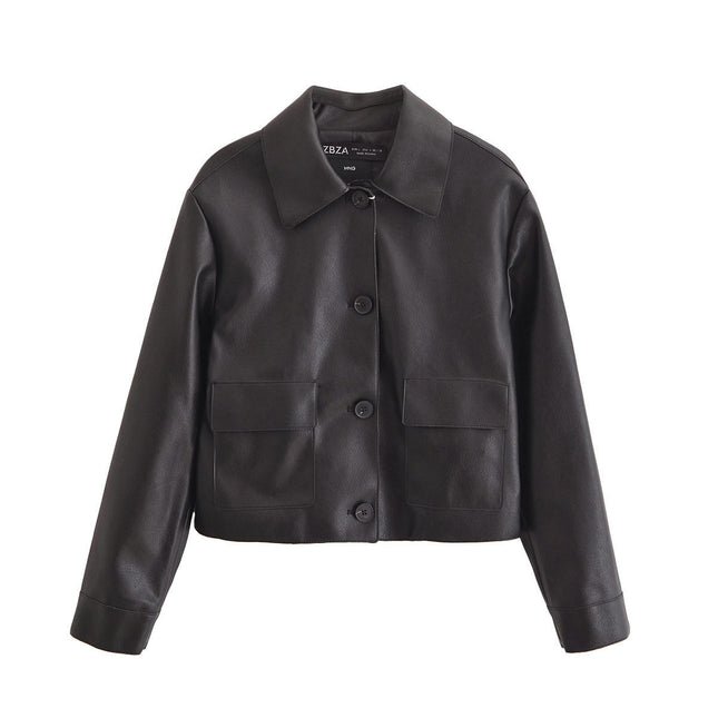 Women Faux Leather Cropped Jacket Button Down Fashion PU Coat Jacket