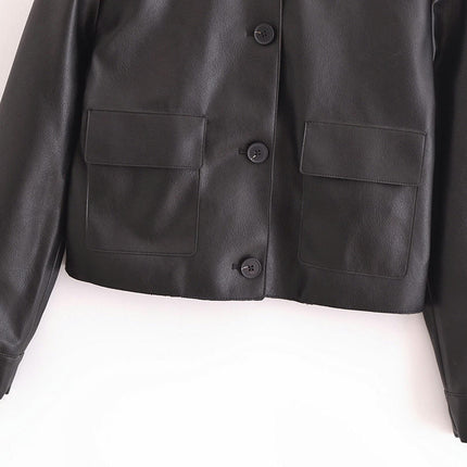 Women Faux Leather Cropped Jacket Button Down Fashion PU Coat Jacket