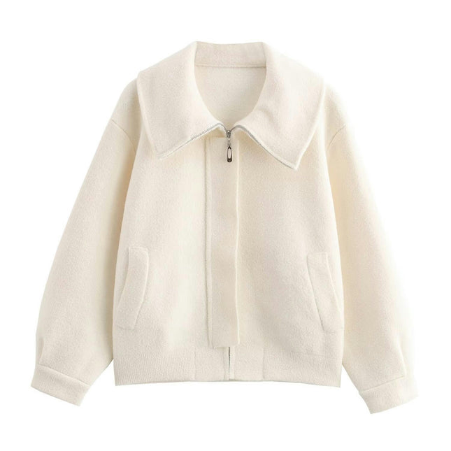 Women's Zip Up Cropped Sweater Jacket  Long Sleeve Lapel Outwear