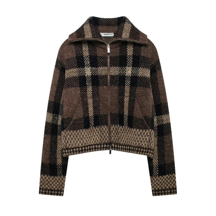Women's Zip Up Cardigan Sweater Lapel Knit Long Sleeve Sweater Jacket with Pockets Warm Outwear
