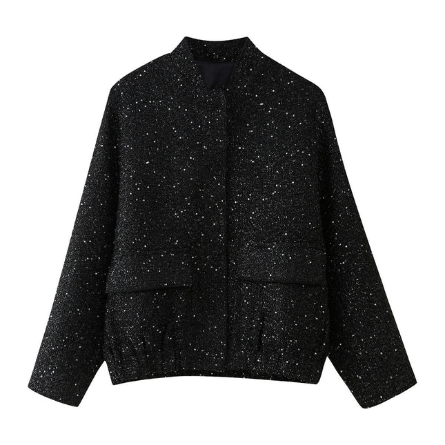Womens Bomber Jacket Sequin Cropped Casual Jackets Fashion Coat with Pockets