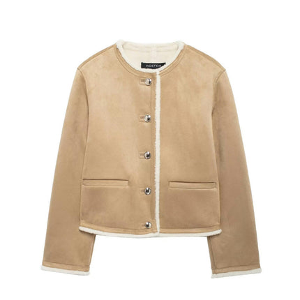 Women's Cropped Jacket Fleece Lined Winter Coat Button Down Outwear with Pockets