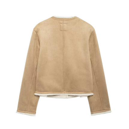 Women's Cropped Jacket Fleece Lined Winter Coat Button Down Outwear with Pockets