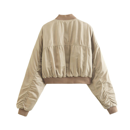 Women's Bomber Jacket Zip Up Coat Casual Ruched Long Sleeve Outerwear