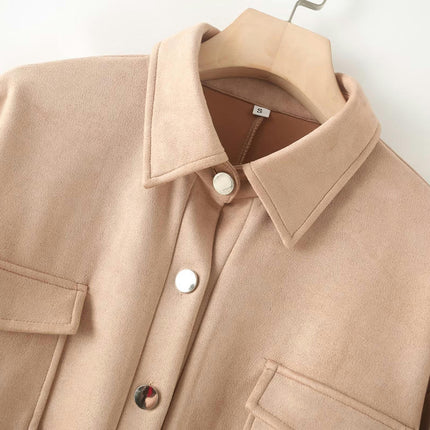 Womens Faux Suede Long Sleeve Jacket Fall Winter Casual Button Down Collar Jackets