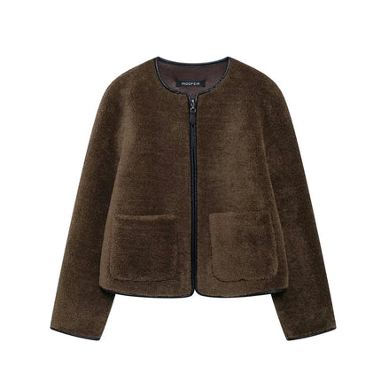 Women's Cropped Jacket Long Sleeve Faux Fuzzy Zip Up Warm Winter Coat Outwear with Pockets