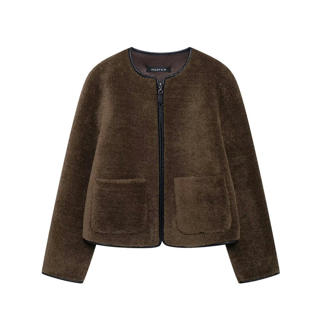 Women's Cropped Jacket Long Sleeve Faux Fuzzy Zip Up Warm Winter Coat Outwear with Pockets