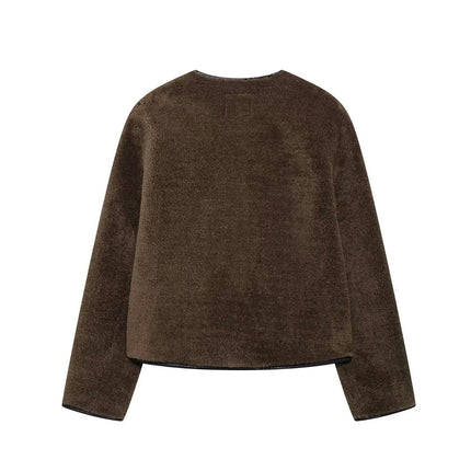 Women's Cropped Jacket Long Sleeve Faux Fuzzy Zip Up Warm Winter Coat Outwear with Pockets