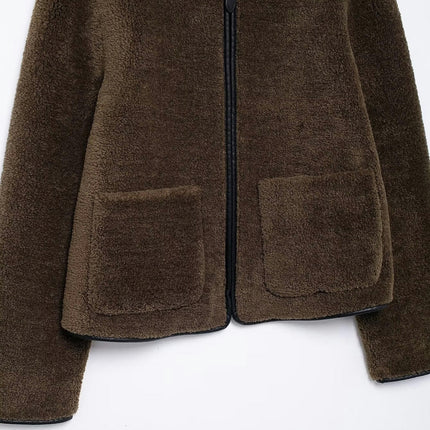 Women's Cropped Jacket Long Sleeve Faux Fuzzy Zip Up Warm Winter Coat Outwear with Pockets