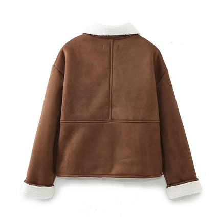 Women's Winter Faux Suede Coat Long Sleeve Jacket Short Warm Fur Fuzzy Lined Outwear