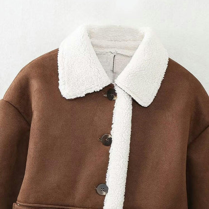 Women's Winter Faux Suede Coat Long Sleeve Jacket Short Warm Fur Fuzzy Lined Outwear