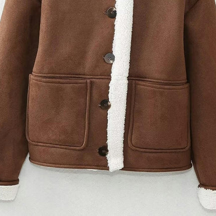 Women's Winter Faux Suede Coat Long Sleeve Jacket Short Warm Fur Fuzzy Lined Outwear